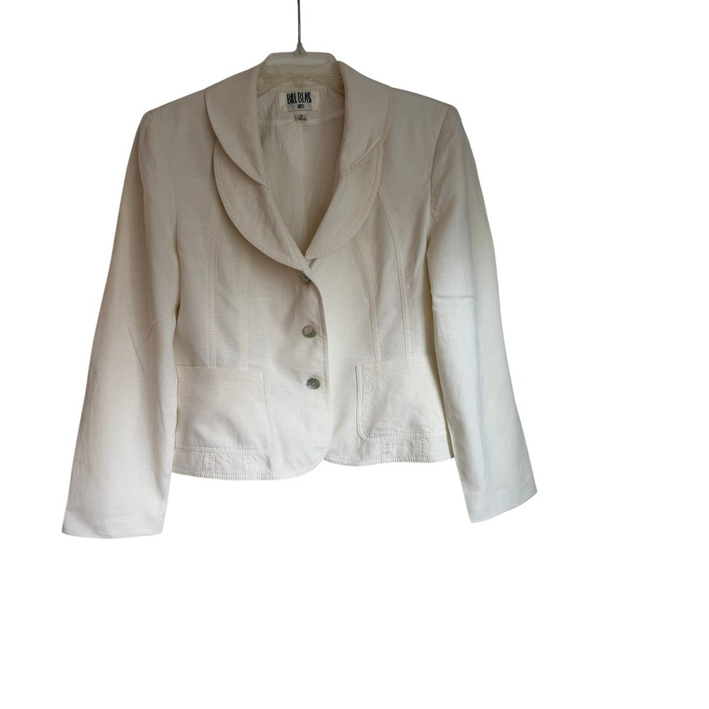 Bill‎ Blass Suits White Linen Blend Blazer Rounded Lapel Jacket Womens 14